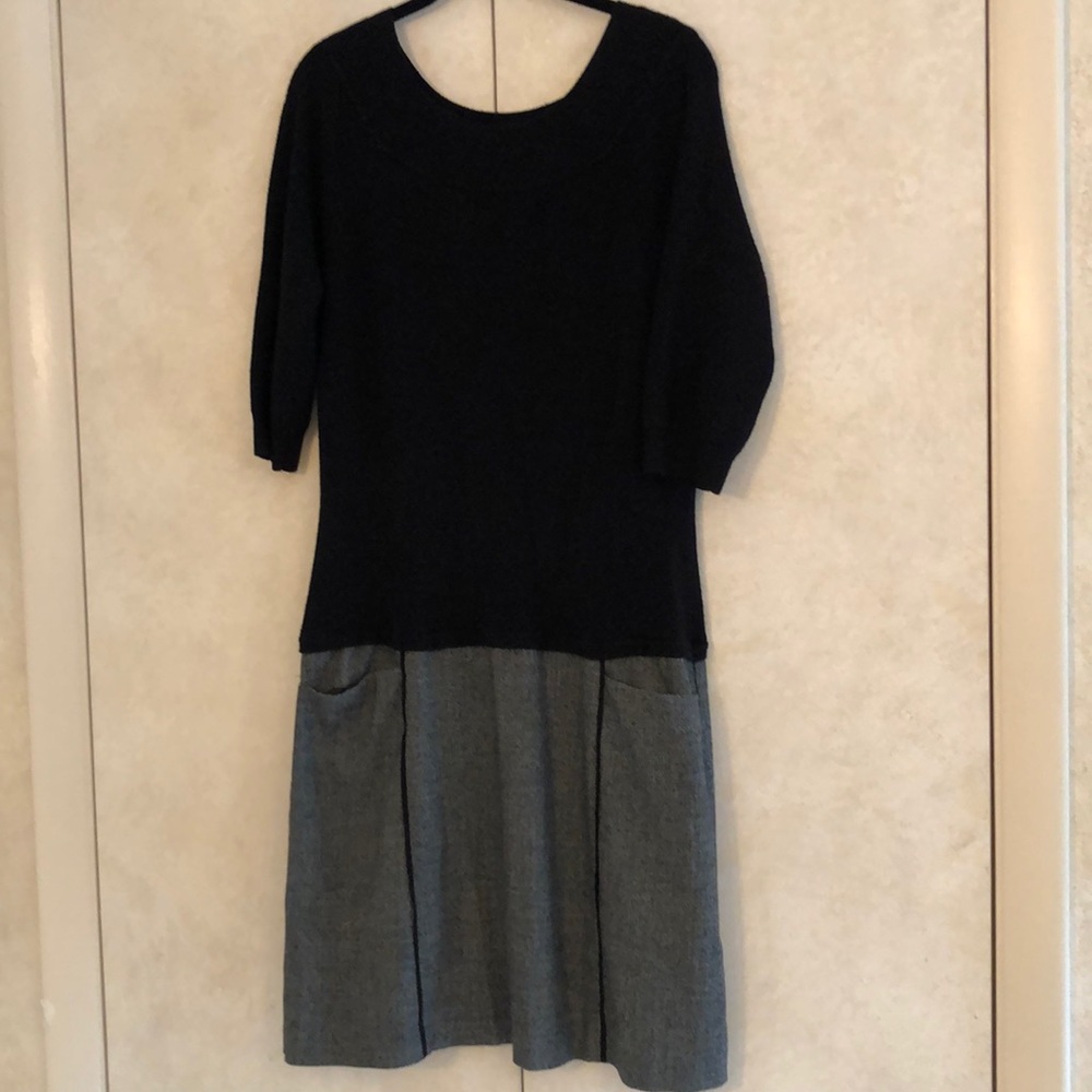 Gently Worn WHBM Black Sweater Dress with Gray Fabric Bottom. Illusion Pockets.